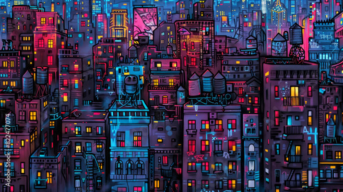 A cityscape with a neon blue sky and buildings lit up at night