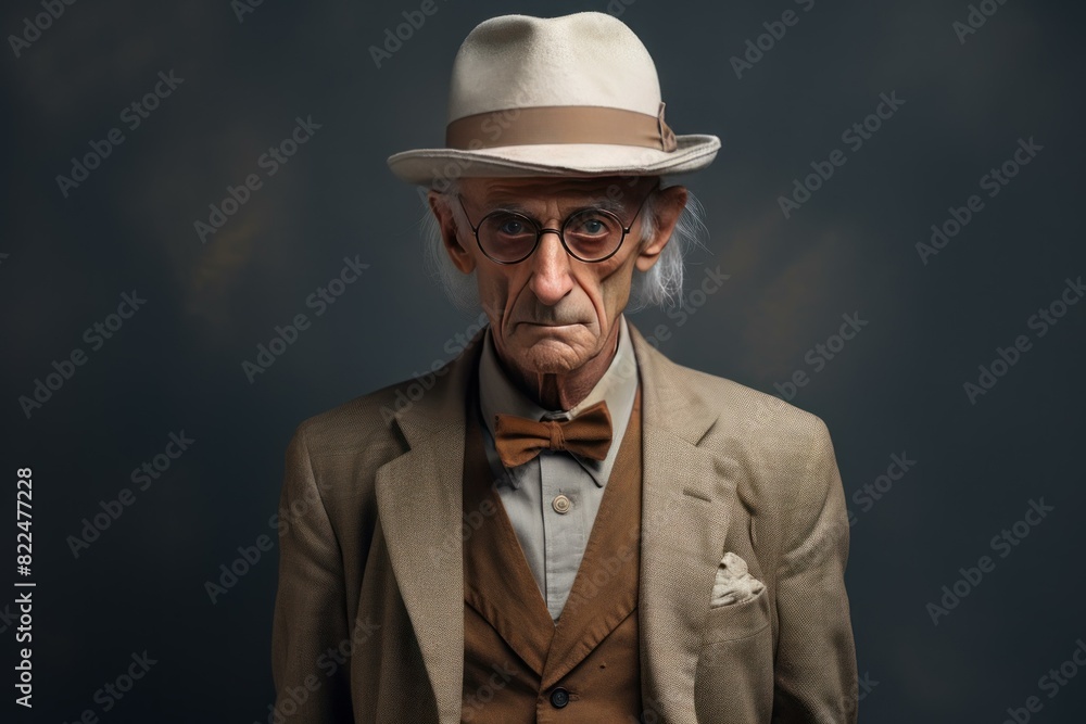 Elderly man in a hat and suit, exuding a classic, thoughtful demeanor against a dark background