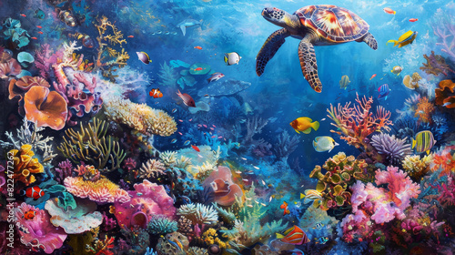 A painting of a colorful coral reef with a turtle swimming through it