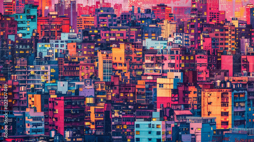 A colorful cityscape with many buildings and windows