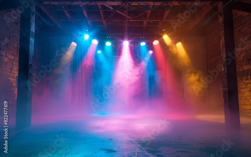 A moody stage lit by colorful, dramatic spotlights in a misty, dark room.