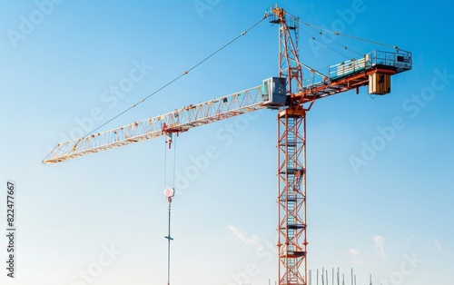 A towering crane at a construction site under a clear blue sky.