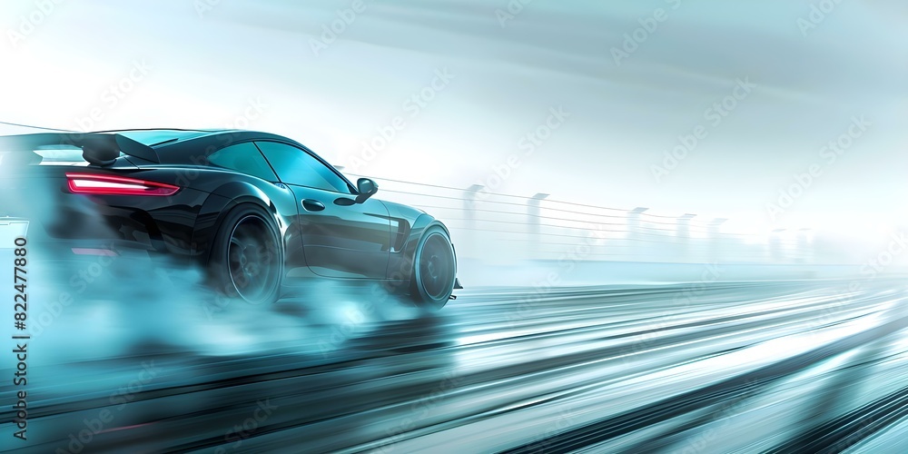 Black Car Drifting on Smoking Asphalt Racetrack: Captured in a Blurred Image. Concept Automotive Photography, Action Shots, Blurred Motion, Racing Events, Sports Cars