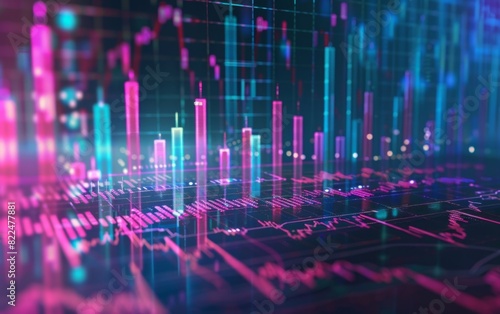Abstract glowing financial charts with futuristic digital elements.