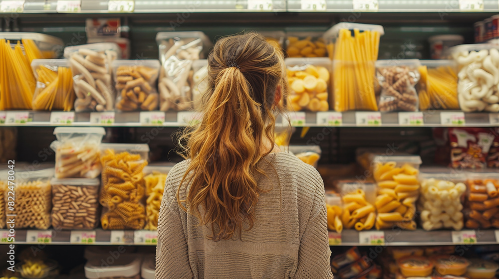 A woman is shopping for pasta in a store