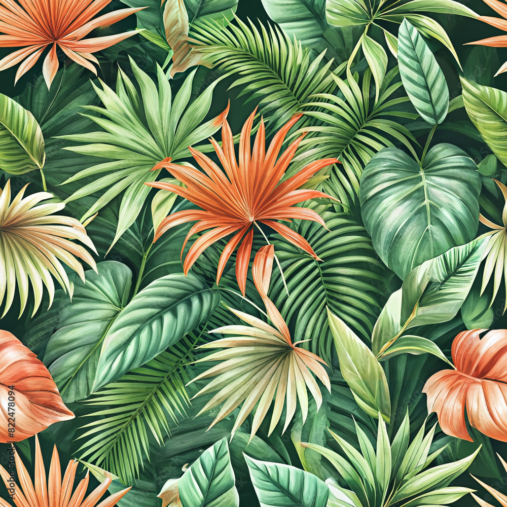 Orange and green tropical leaves in a seamless pattern. This vibrant design brings a fresh, exotic touch to any project, perfect for fabric, wallpaper, and more Orange and green tropical leaves in a seamless pattern. This vibrant design brings a fresh, exotic touch to any project, perfect for fabric, wallpaper, and more
