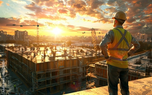 Construction worker overseeing a bustling building site at sunset. © Mark