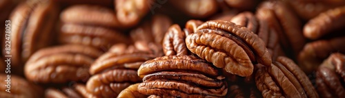 Close-up shot of a pile of whole pecan nuts showcasing their rich, brown color and textured shells, perfect for culinary or natural lifestyle use.