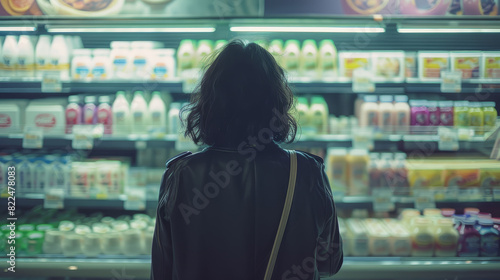 A woman is looking at the dairy section of a store