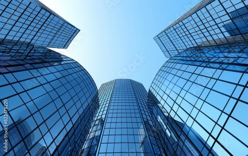 Curvilinear glass skyscrapers reaching upwards to a clear blue sky photo