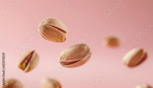 Floating pistachios against a pink background, capturing the essence of healthy snacks with a whimsical, artistic touch.