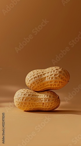 Minimalist image of two peanuts stacked on a smooth brown surface, highlighting their natural texture and earthy tones.