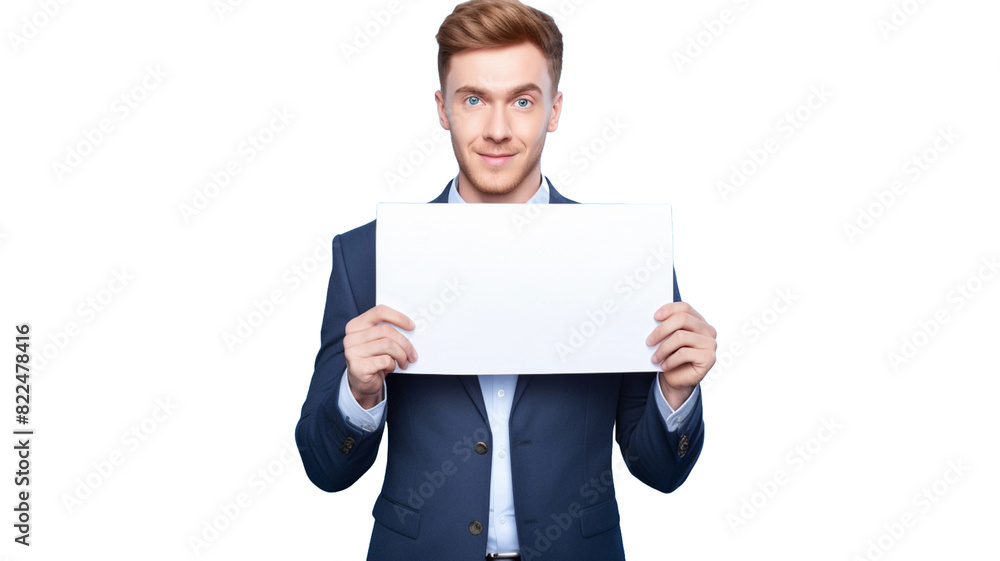 Smiling businessman with blank advertising board isolated on transparent png background. Smiling businessman with blank advertising board isolated on transparent png background.