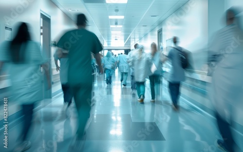 Blurred motion of healthcare workers bustling in a bright hospital corridor.