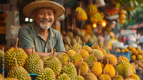 Enterprising Durian Vendor Showcasing Exotic Tropical Fruits at a Vibrant Street Market