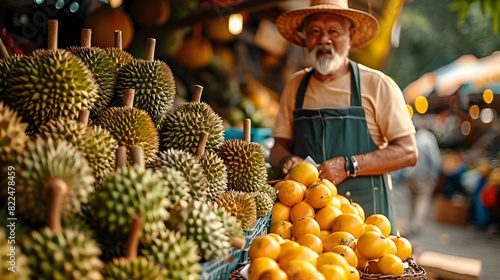 Enterprising Durian Vendor Showcases Exotic Tropical Fruits at Bustling Street Market