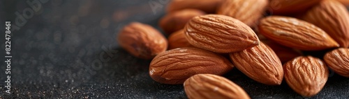 Close-up view of natural raw almonds scattered on a dark surface, ideal for healthy eating, nutrition, and vegan recipes.
