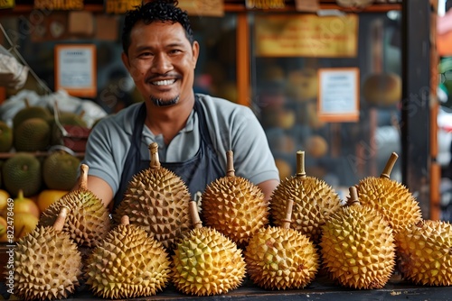 Giant Durian Fruit Star in Vibrant Market Display Mesmerizing Duffins Sold by Friendly Vendor