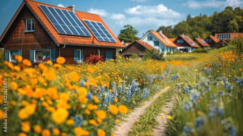A picturesque village with houses equipped with solar panels surrounded by vibrant wildflower fields. A picturesque village with houses equipped with solar panels surrounded by vibrant wildflower fields.