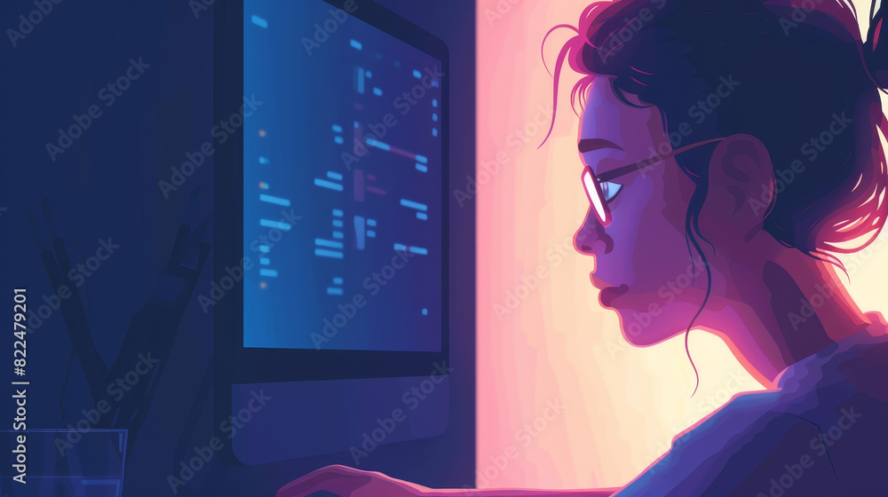 A woman is sitting in front of a computer monitor, wearing glasses A woman is sitting in front of a computer monitor, wearing glasses