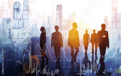 Silhouettes of businesspeople overlaid with bustling cityscape and financial graphs.