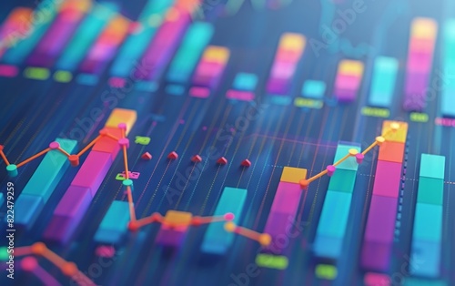 Colorful financial graphs on a blue background.