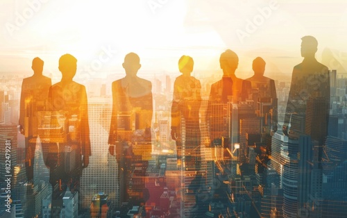 Silhouettes of business professionals overlaying a sunlit cityscape. © Tui