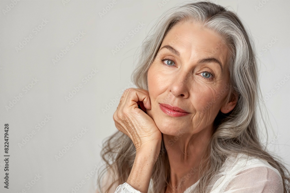 Beautiful gorgeous 60s mid-aged mature woman looking at camera isolated on white Beautiful gorgeous 60s mid-aged mature woman looking at camera isolated on white