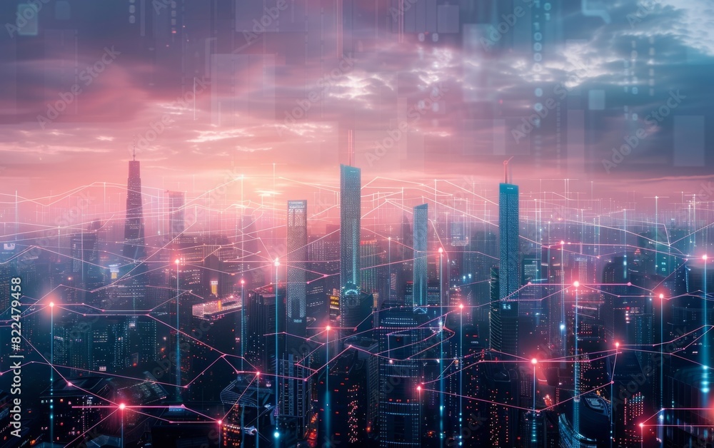 Futuristic cityscape with glowing data network lines and skyscrapers.