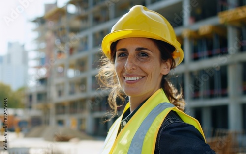 Smiling woman in yellow hard hat and reflective vest at construction site.