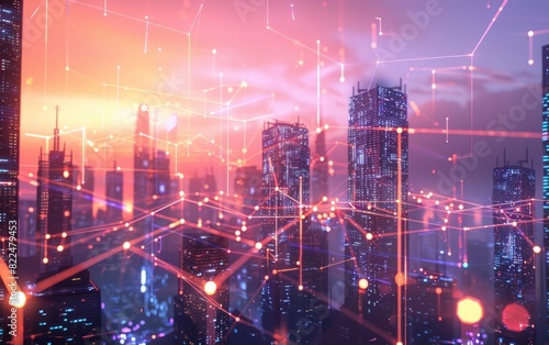 Futuristic cityscape with glowing data network lines and skyscrapers.