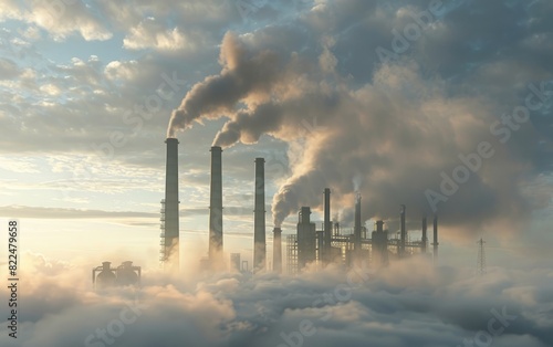 Industrial landscape with smokestacks emitting thick smoke against a cloudy sky.