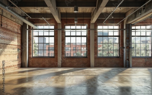 Spacious industrial loft with exposed brick walls and large windows.