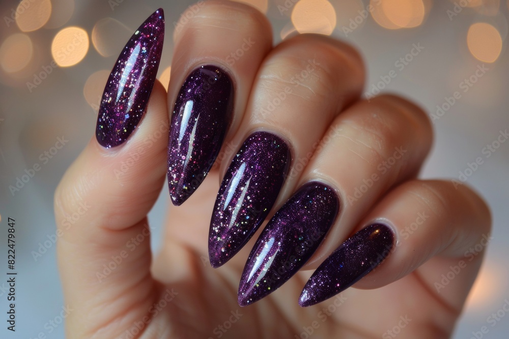 Hand Model With Long Almond-Shaped Nails Painted In A Dark Purple With Glitter Nail Polish Gray Background Nail Salon