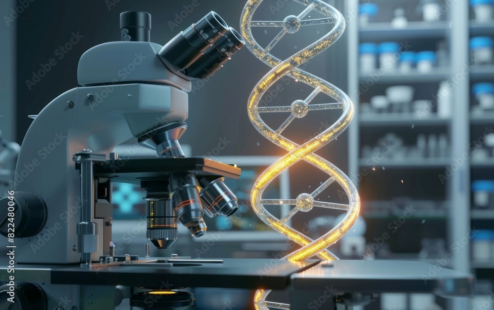 Microscope examining glowing DNA helix in a futuristic laboratory ...