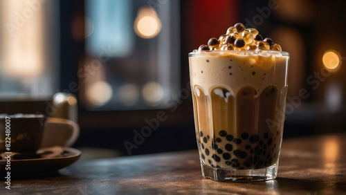 Glass of bubble milk tea served on a wooden table, copy space for text