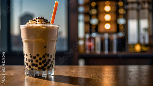 Glass of bubble milk tea served on a wooden table, copy space for text