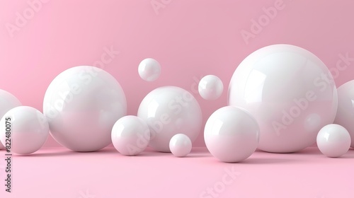  A collection of white balls hovering against a pink backdrop Background features two pink walls, one distant and one near Few white balls present before the foreground pink wall