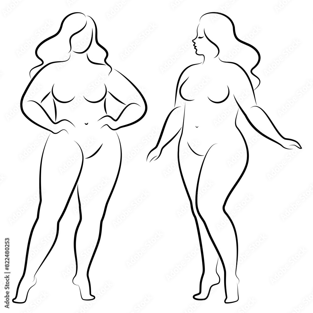 Collection. Silhouette of the figure of a slender naked woman. The girl is standing, she is overweight. A lady full of beauty and sexuality. Vector illustration set. Collection. Silhouette of the figure of a slender naked woman. The girl is standing, she is overweight. A lady full of beauty and sexuality. Vector illustration set.