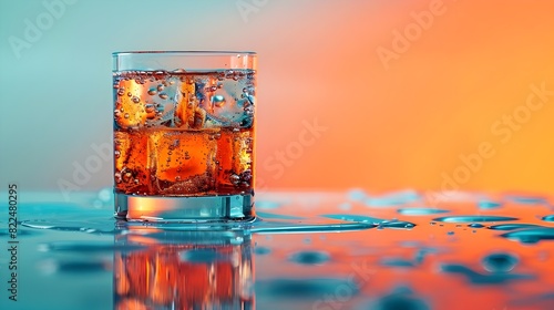 A glass of whiskey on a reflective surface, set against a gradient orange-blue background.