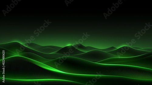  A mountain range depicted in an image, against a black backdrop Green lines accentuate the foreground Top of the image features a green glow at its center photo