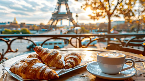 Fototapeta Naklejka Na Ścianę i Meble -  Parisian Café Scene with Coffee and Croissants, Close-up of a Parisian café table featuring a cup of coffee and croissants, with the iconic Eiffel Tower
