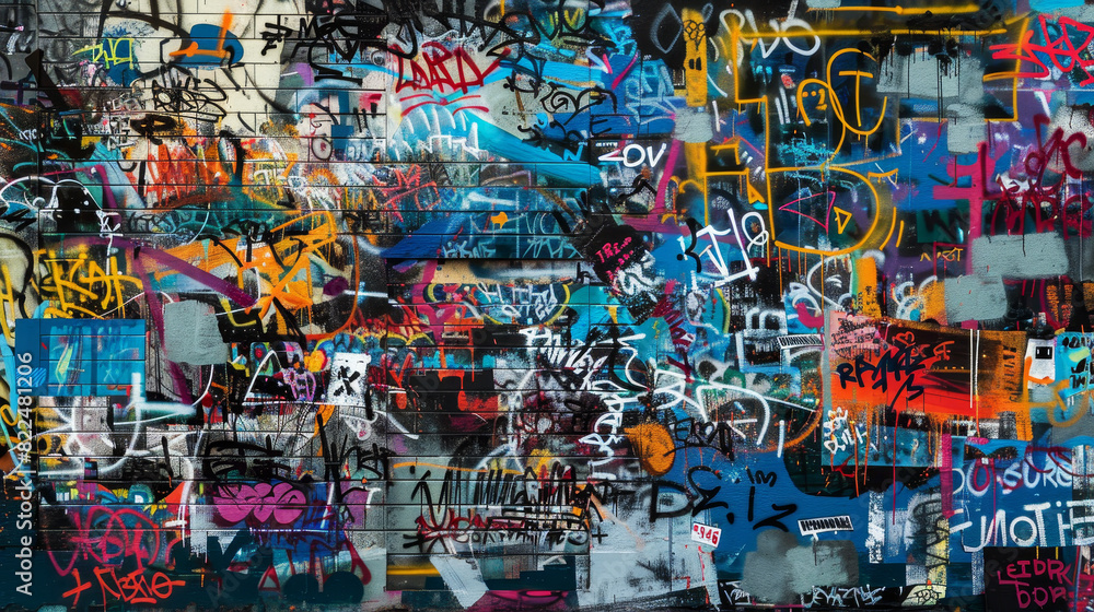 A wall covered in graffiti with a blue background A wall covered in graffiti with a blue background