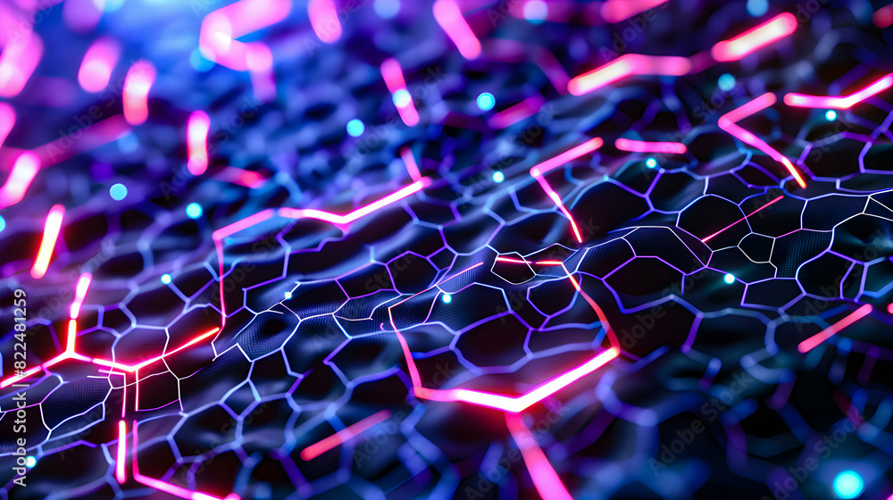 Obraz premium Neon Hexagonal Network Pattern with Glowing Highlights, Abstract close-up of a neon hexagonal network pattern with vibrant glowing highlights