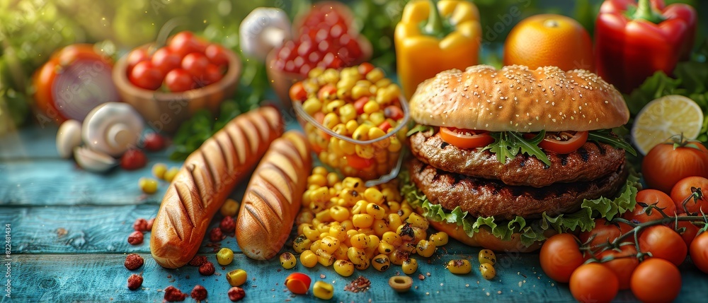 Fototapeta premium Illustration of Memorial Day cookout, 3D cartoon, close-up on grilling food, bright and festive