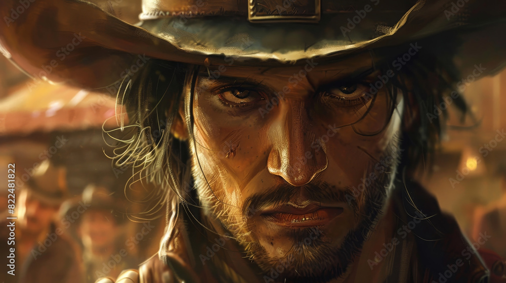 A man with a cowboy hat and beard is looking at the camera A man with a cowboy hat and beard is looking at the camera