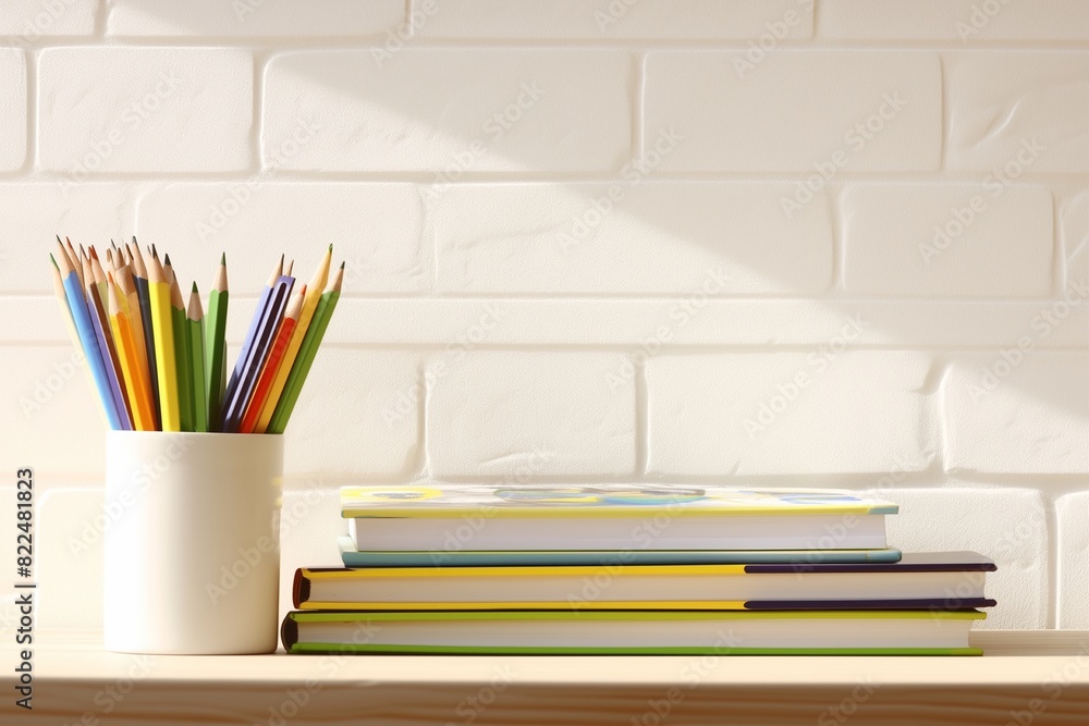 Fototapeta premium pile of books and pencils on the desk on white brick wall background