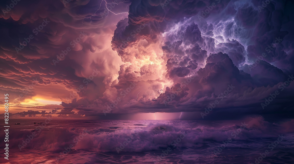 A stormy sky with a purple and orange sunset in the background A stormy sky with a purple and orange sunset in the background
