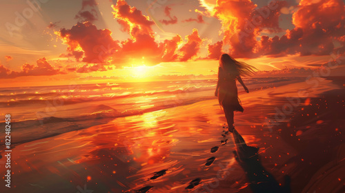 A woman walks on a beach at sunset