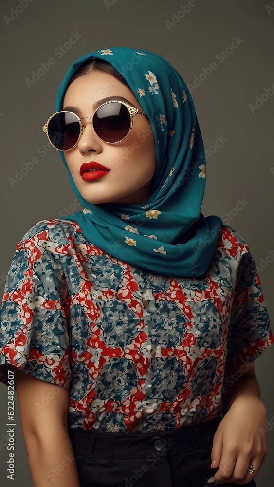 Potrait beautiful Retro stylefashion hijab woman wearing trendy sunglasses